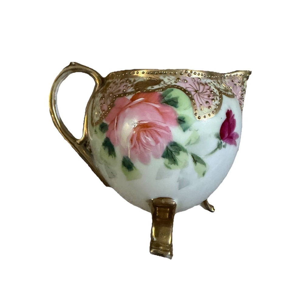 Antique Nippon Japan Creamer Gilt Gold Moriage Pink Roses Hand Painted
